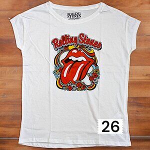 White Rolling Stones Tee – Classic Tongue Logo with Psychedelic Floral Swirls